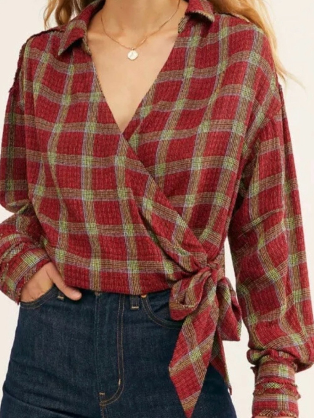 #1012 WE THE FREE Running Wild Red and Lime Green Plaid Wrap Blouse
